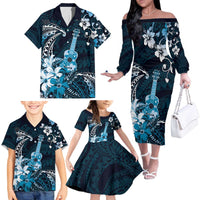 Hawaii Ukulele Family Matching Off The Shoulder Long Sleeve Dress and Hawaiian Shirt Polynesian Pattern Mix Hibiscus Blue Version LT05
