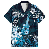 Hawaii Ukulele Family Matching Off The Shoulder Long Sleeve Dress and Hawaiian Shirt Polynesian Pattern Mix Hibiscus Blue Version LT05