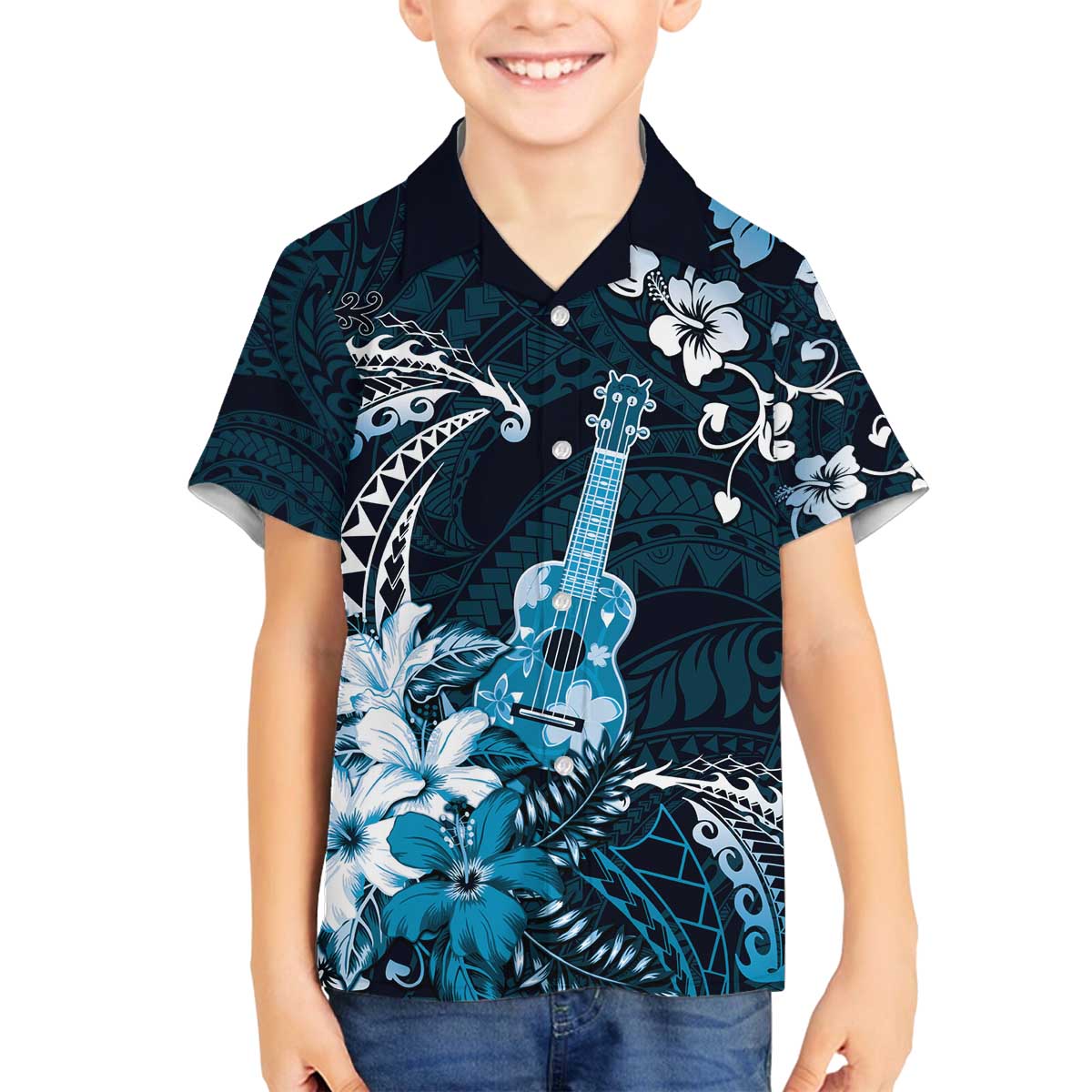 Hawaii Ukulele Family Matching Off The Shoulder Long Sleeve Dress and Hawaiian Shirt Polynesian Pattern Mix Hibiscus Blue Version LT05