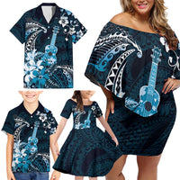 Hawaii Ukulele Family Matching Off Shoulder Short Dress and Hawaiian Shirt Polynesian Pattern Mix Hibiscus Blue Version LT05