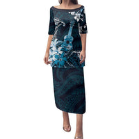 Hawaii Ukulele Family Matching Puletasi and Hawaiian Shirt Polynesian Pattern Mix Hibiscus Blue Version LT05