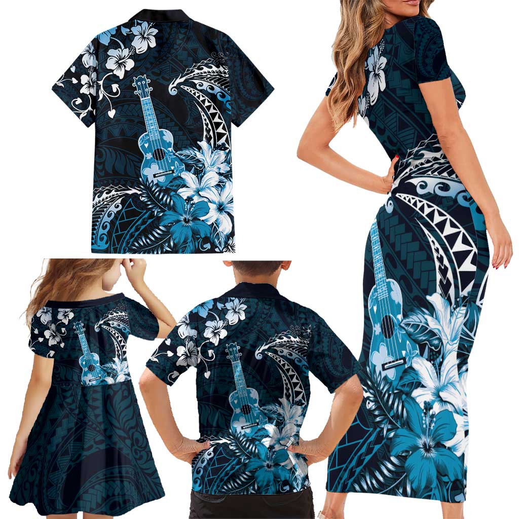 Hawaii Ukulele Family Matching Short Sleeve Bodycon Dress and Hawaiian Shirt Polynesian Pattern Mix Hibiscus Blue Version LT05
