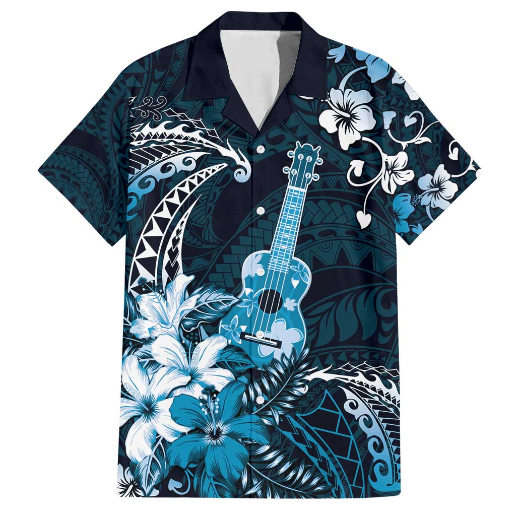 Hawaii Ukulele Family Matching Tank Maxi Dress and Hawaiian Shirt Polynesian Pattern Mix Hibiscus Blue Version LT05