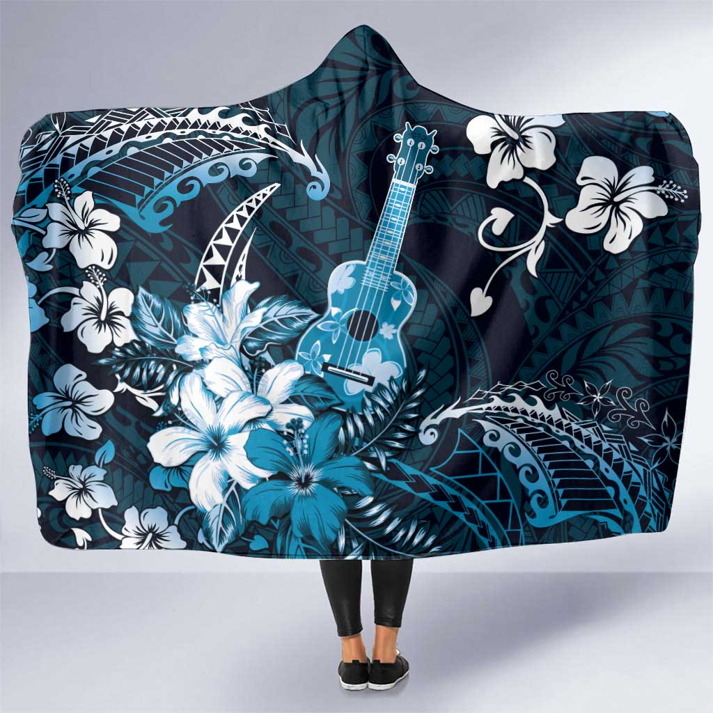 Hawaii Ukulele Hooded Blanket Polynesian Pattern Mix Hibiscus Blue Version