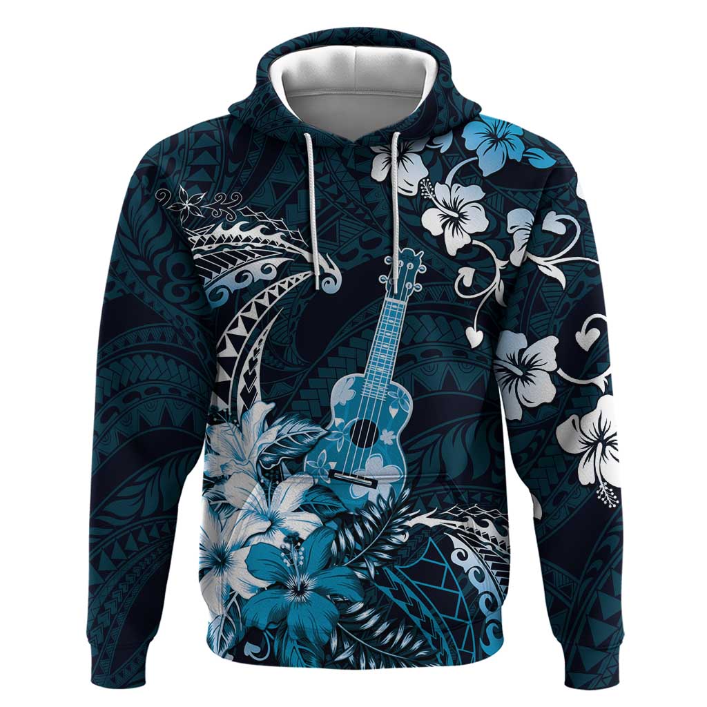 Hawaii Ukulele Hoodie Polynesian Pattern Mix Hibiscus Blue Version LT05