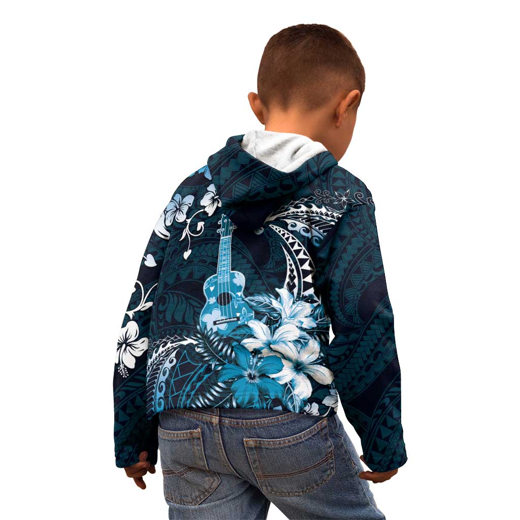 Hawaii Ukulele Kid Hoodie Polynesian Pattern Mix Hibiscus Blue Version LT05
