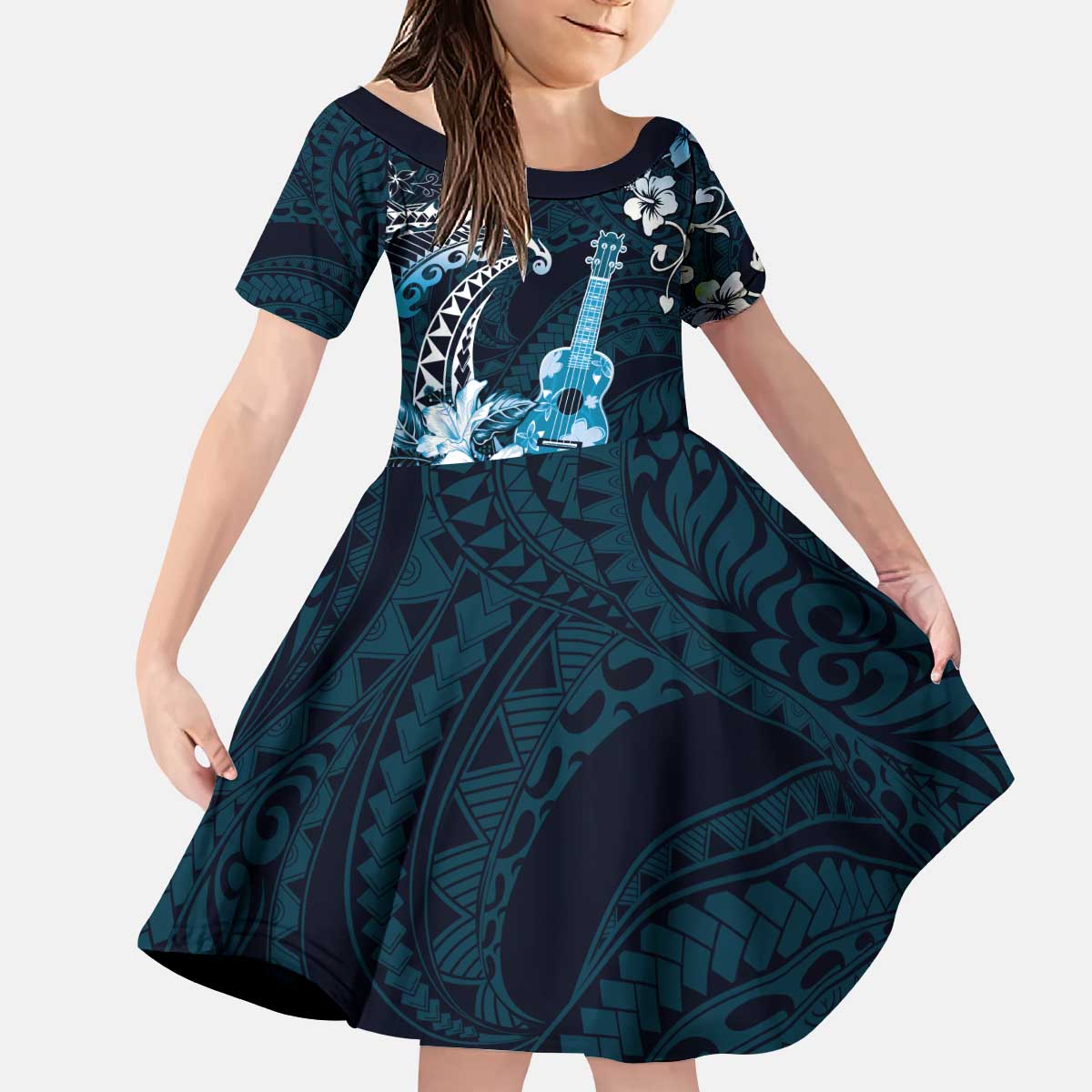 Hawaii Ukulele Kid Short Sleeve Dress Polynesian Pattern Mix Hibiscus Blue Version LT05