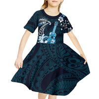 Hawaii Ukulele Kid Short Sleeve Dress Polynesian Pattern Mix Hibiscus Blue Version LT05