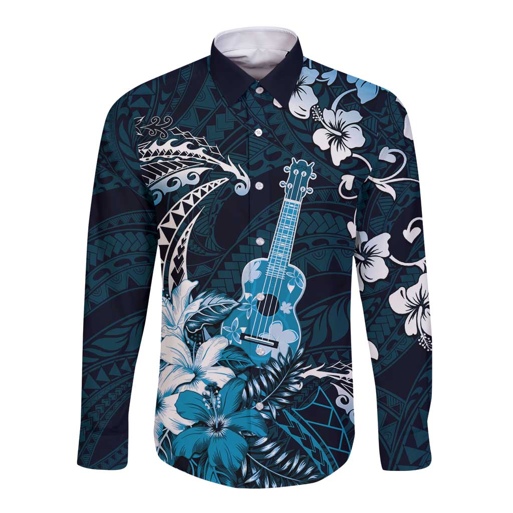 Hawaii Ukulele Long Sleeve Button Shirt Polynesian Pattern Mix Hibiscus Blue Version LT05