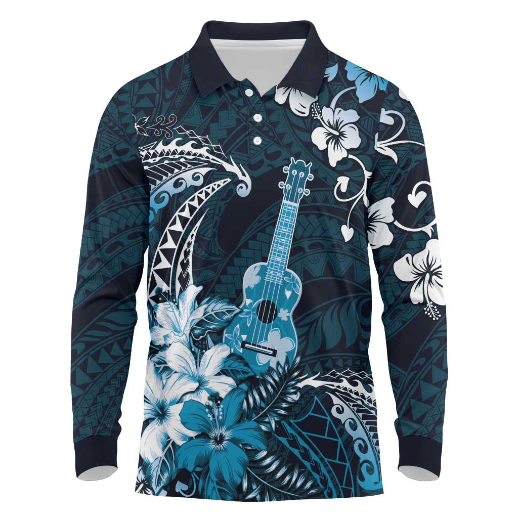 Hawaii Ukulele Long Sleeve Polo Shirt Polynesian Pattern Mix Hibiscus Blue Version LT05