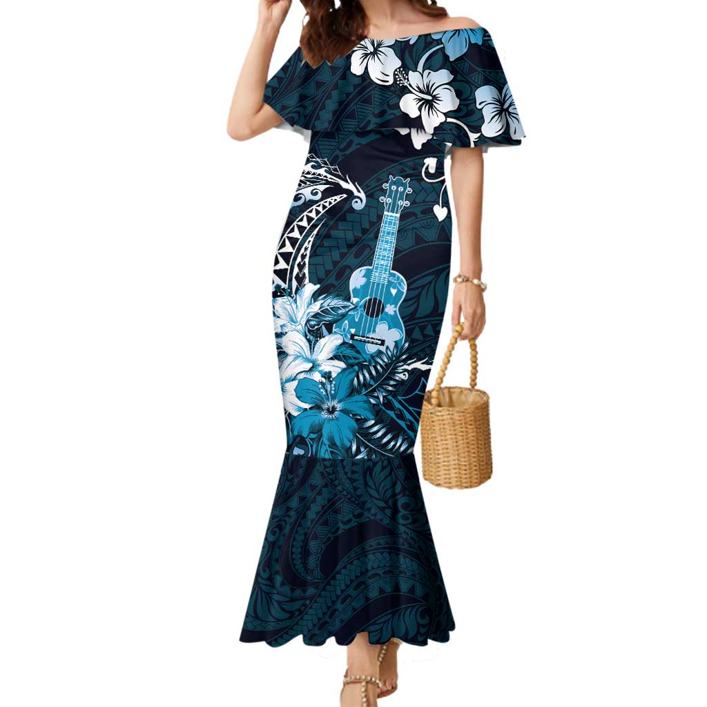 Hawaii Ukulele Mermaid Dress Polynesian Pattern Mix Hibiscus Blue Version LT05