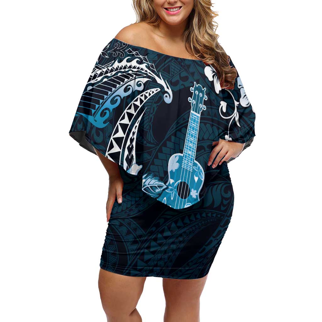 Hawaii Ukulele Off Shoulder Short Dress Polynesian Pattern Mix Hibiscus Blue Version LT05