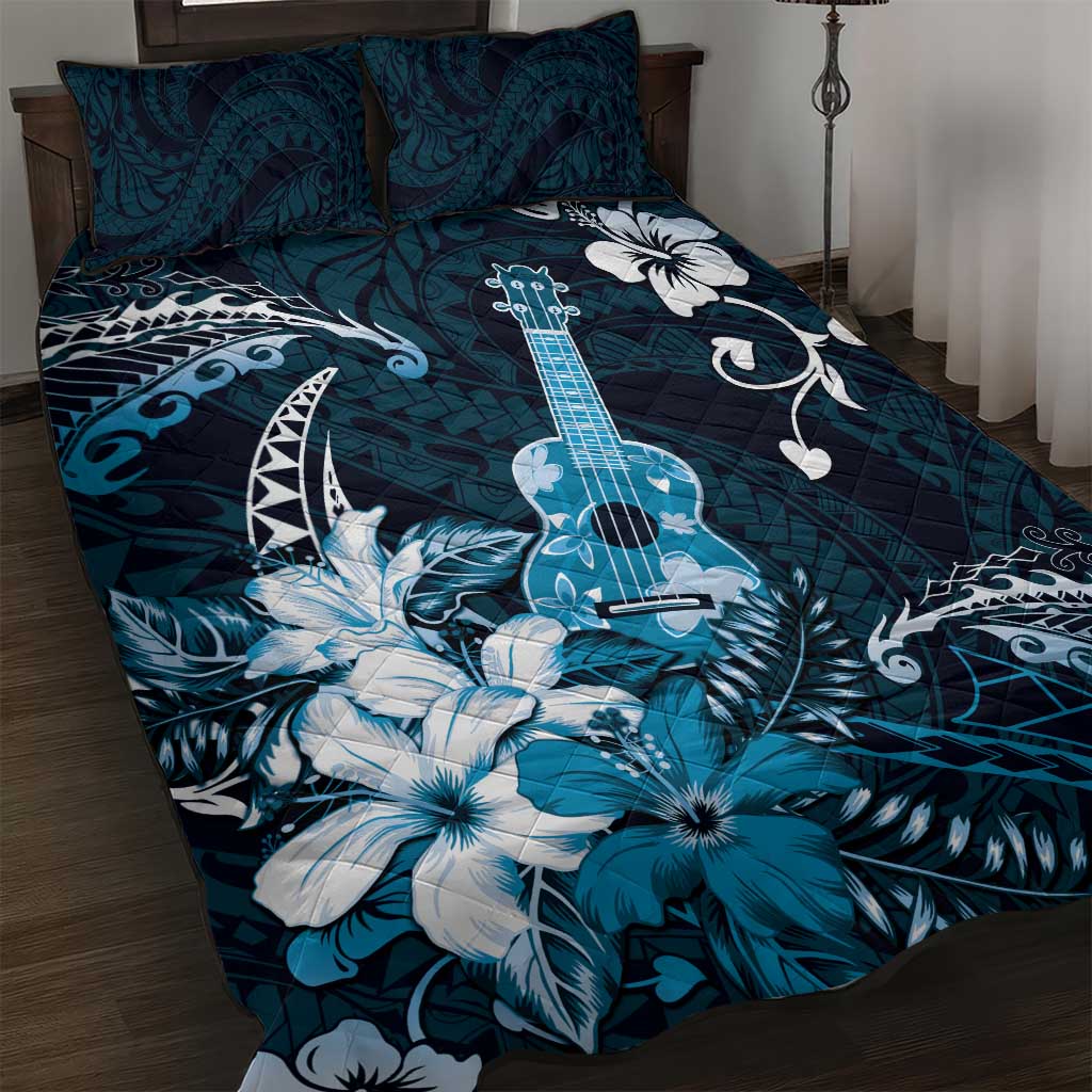 Hawaii Ukulele Quilt Bed Set Polynesian Pattern Mix Hibiscus Blue Version