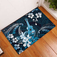 Hawaii Ukulele Rubber Doormat Polynesian Pattern Mix Hibiscus Blue Version