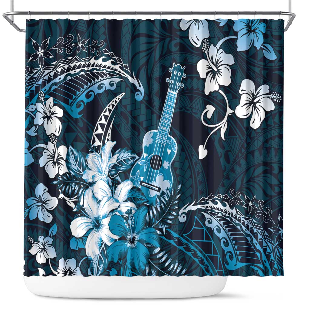 Hawaii Ukulele Shower Curtain Polynesian Pattern Mix Hibiscus Blue Version