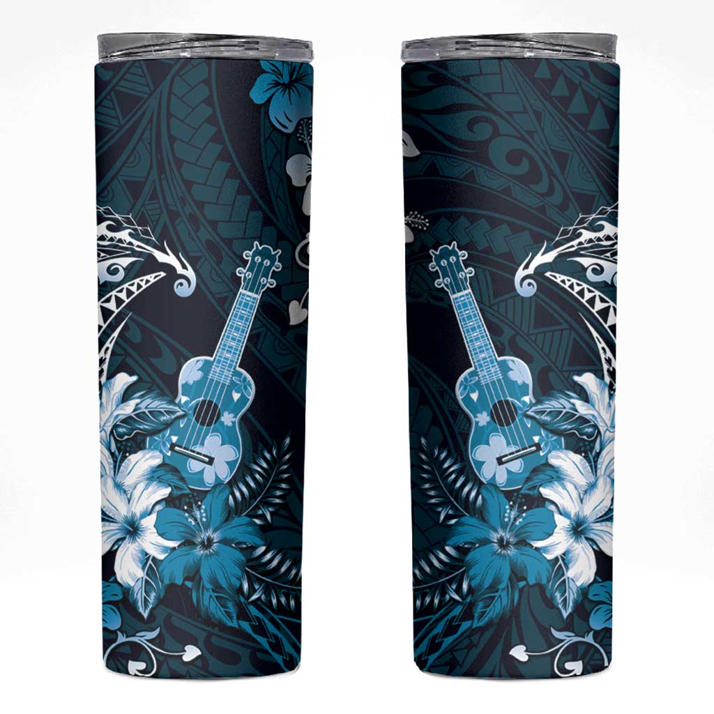 Hawaii Ukulele Skinny Tumbler Polynesian Pattern Mix Hibiscus Blue Version