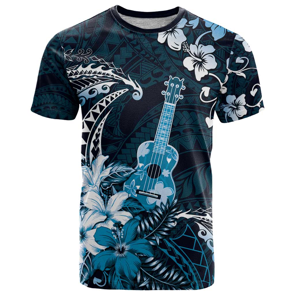 Hawaii Ukulele T Shirt Polynesian Pattern Mix Hibiscus Blue Version LT05