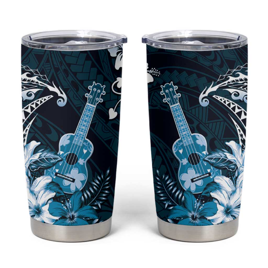 Hawaii Ukulele Tumbler Cup Polynesian Pattern Mix Hibiscus Blue Version