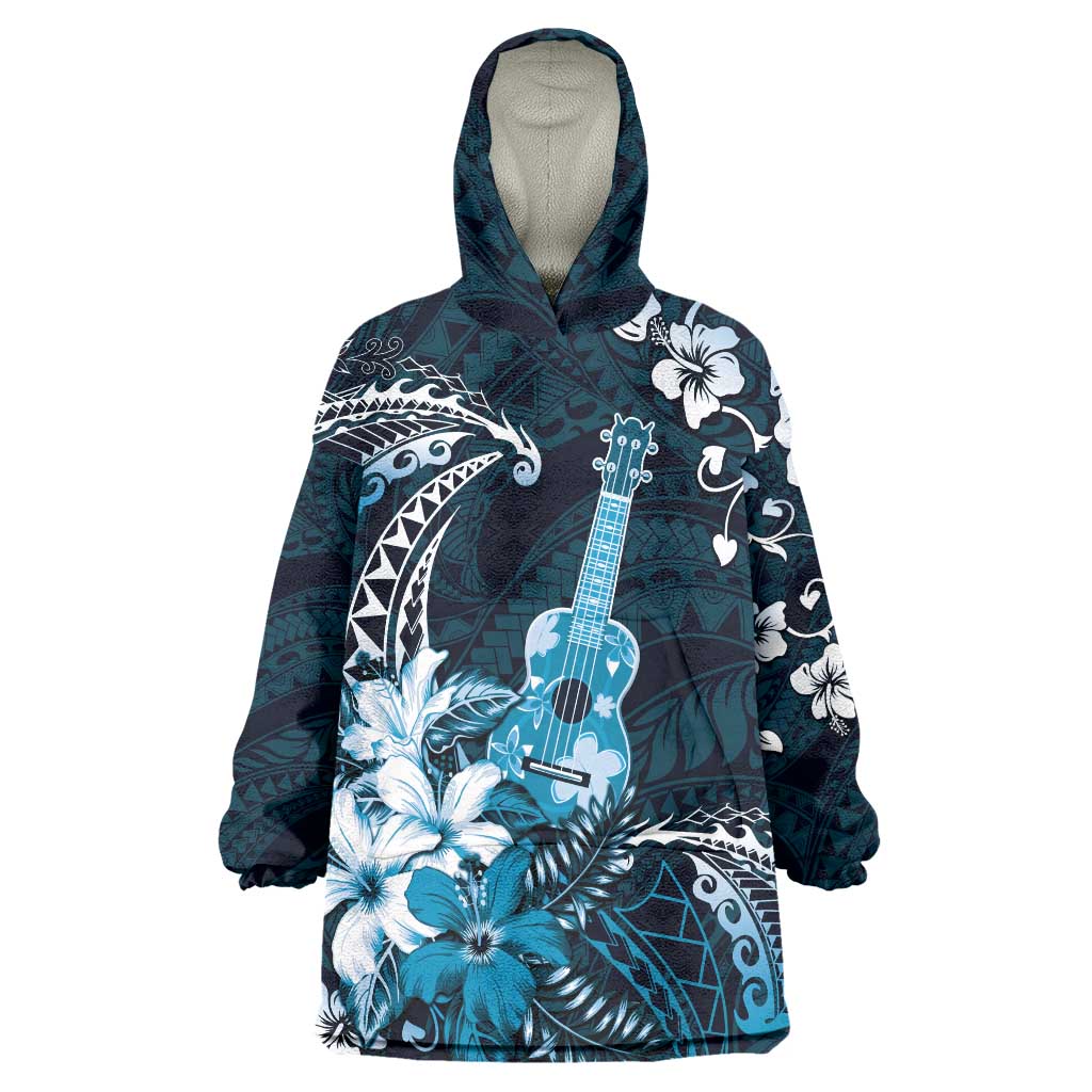 Hawaii Ukulele Wearable Blanket Hoodie Polynesian Pattern Mix Hibiscus Blue Version LT05