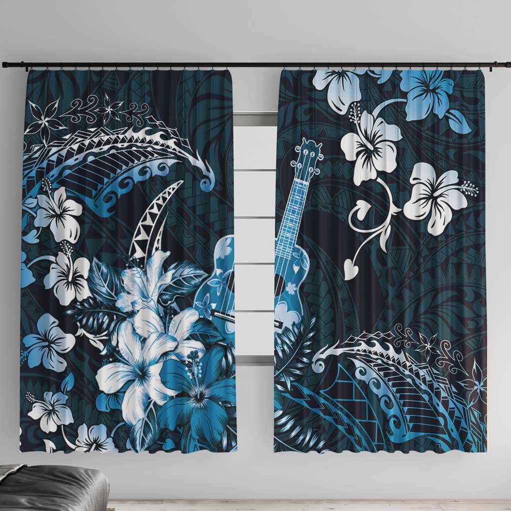 Hawaii Ukulele Window Curtain Polynesian Pattern Mix Hibiscus Blue Version