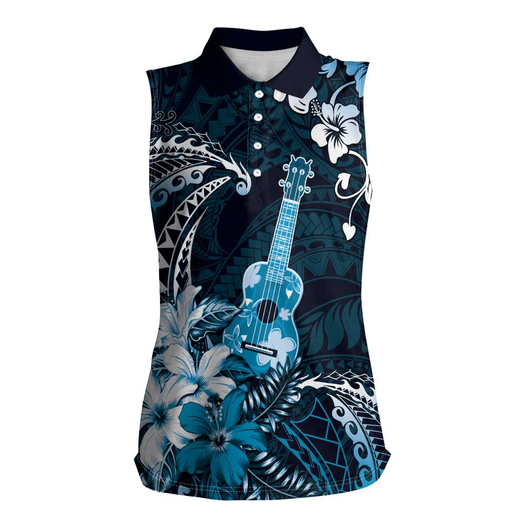 Hawaii Ukulele Women Sleeveless Polo Shirt Polynesian Pattern Mix Hibiscus Blue Version LT05