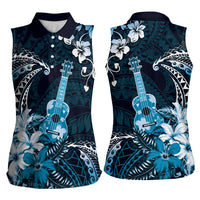 Hawaii Ukulele Women Sleeveless Polo Shirt Polynesian Pattern Mix Hibiscus Blue Version LT05