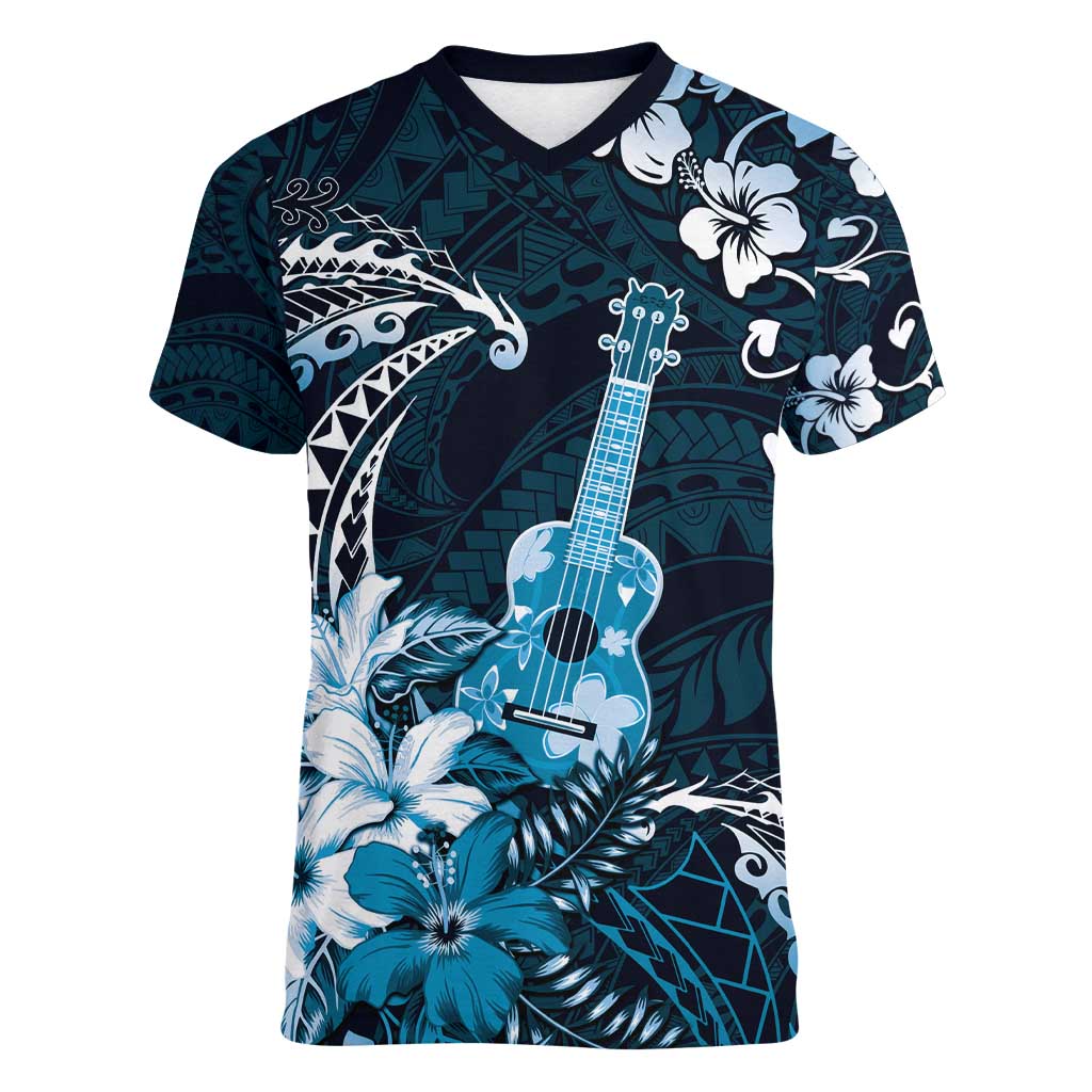 Hawaii Ukulele Women V-Neck T-Shirt Polynesian Pattern Mix Hibiscus Blue Version LT05