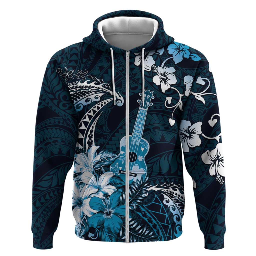 Hawaii Ukulele Zip Hoodie Polynesian Pattern Mix Hibiscus Blue Version LT05