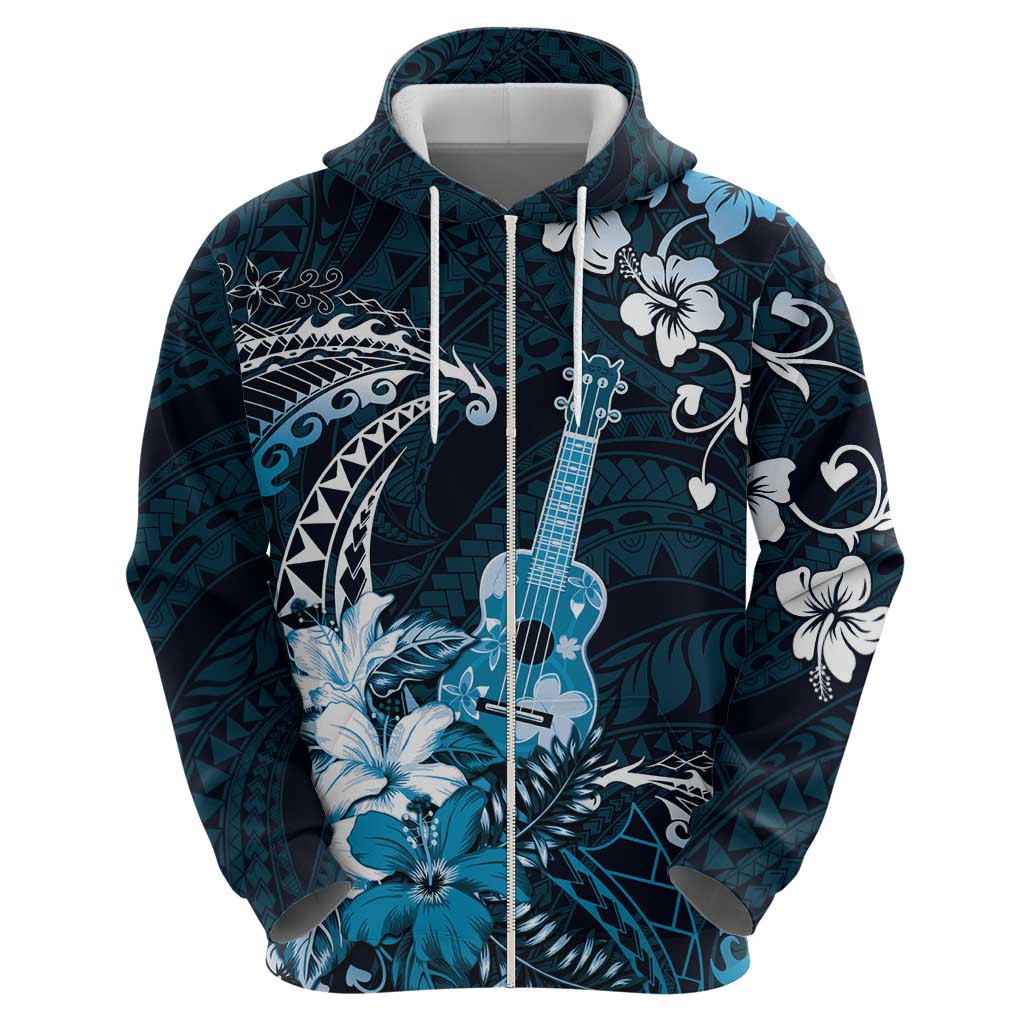 Hawaii Ukulele Zip Hoodie Polynesian Pattern Mix Hibiscus Blue Version LT05