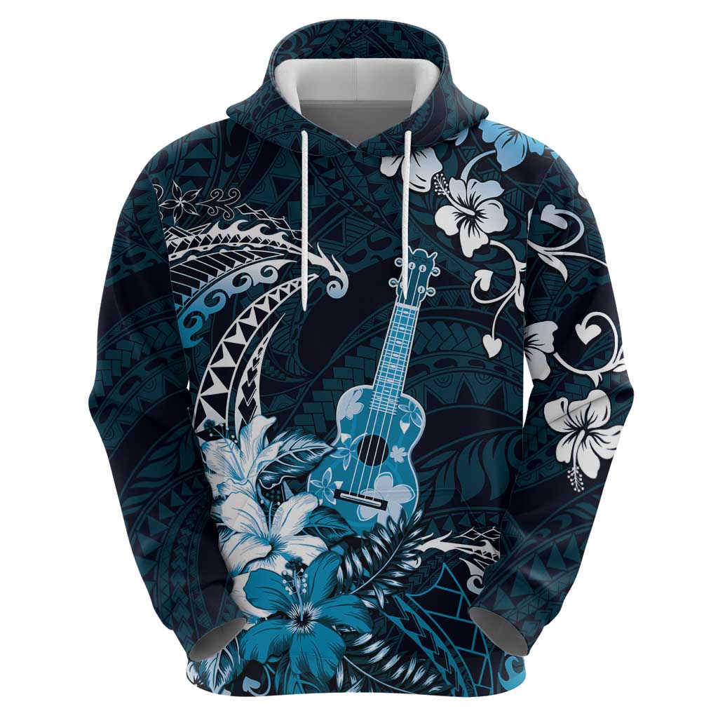 Hawaii Ukulele Zip Hoodie Polynesian Pattern Mix Hibiscus Blue Version LT05