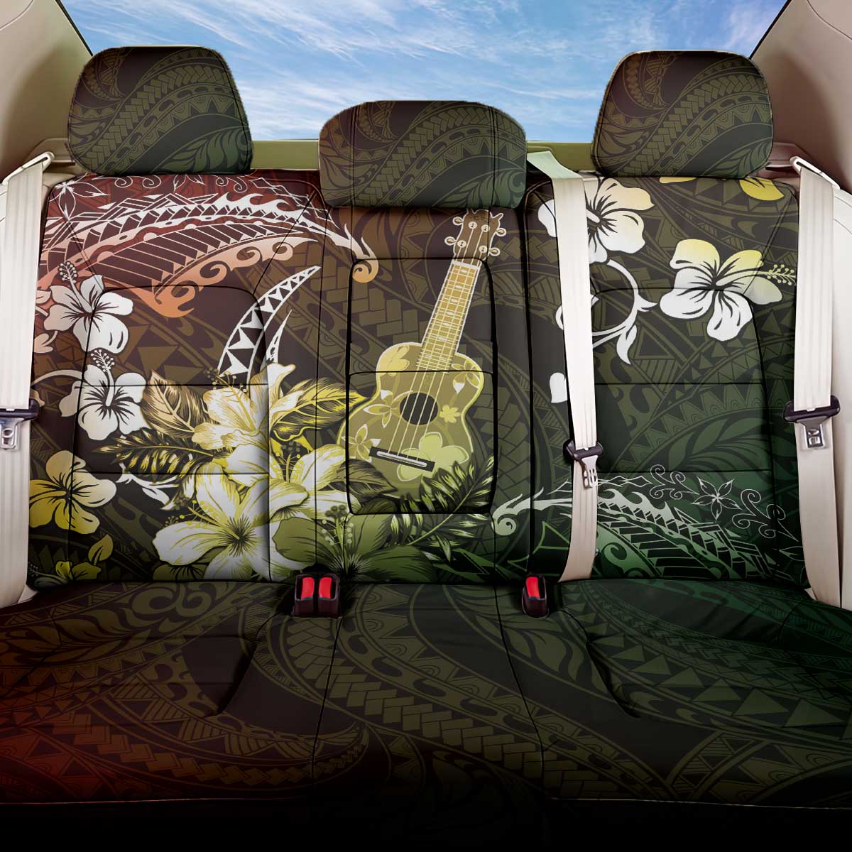 Hawaii Ukulele Back Car Seat Cover Polynesian Pattern Mix Hibiscus Reggae Version