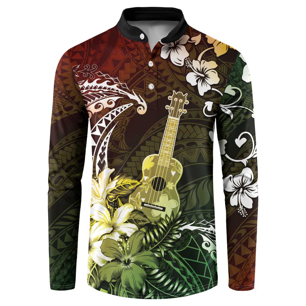 Hawaii Ukulele Button Sweatshirt Polynesian Pattern Mix Hibiscus Reggae Version LT05