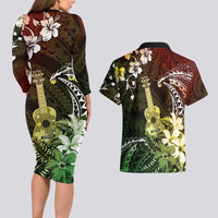 Hawaii Ukulele Couples Matching Long Sleeve Bodycon Dress and Hawaiian Shirt Polynesian Pattern Mix Hibiscus Reggae Version LT05