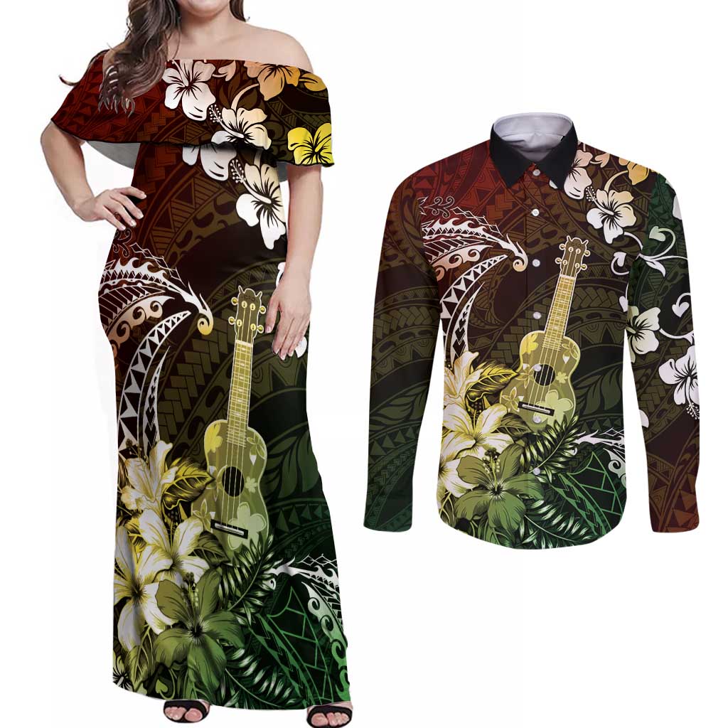 Hawaii Ukulele Couples Matching Off Shoulder Maxi Dress and Long Sleeve Button Shirt Polynesian Pattern Mix Hibiscus Reggae Version LT05