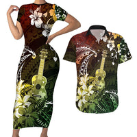 Hawaii Ukulele Couples Matching Short Sleeve Bodycon Dress and Hawaiian Shirt Polynesian Pattern Mix Hibiscus Reggae Version LT05