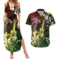 Hawaii Ukulele Couples Matching Summer Maxi Dress and Hawaiian Shirt Polynesian Pattern Mix Hibiscus Reggae Version LT05