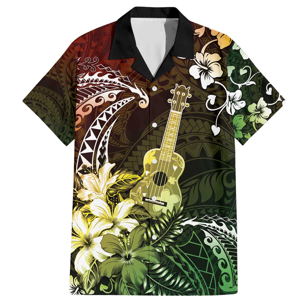 Hawaii Ukulele Family Matching Long Sleeve Bodycon Dress and Hawaiian Shirt Polynesian Pattern Mix Hibiscus Reggae Version LT05