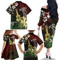 Hawaii Ukulele Family Matching Off The Shoulder Long Sleeve Dress and Hawaiian Shirt Polynesian Pattern Mix Hibiscus Reggae Version LT05