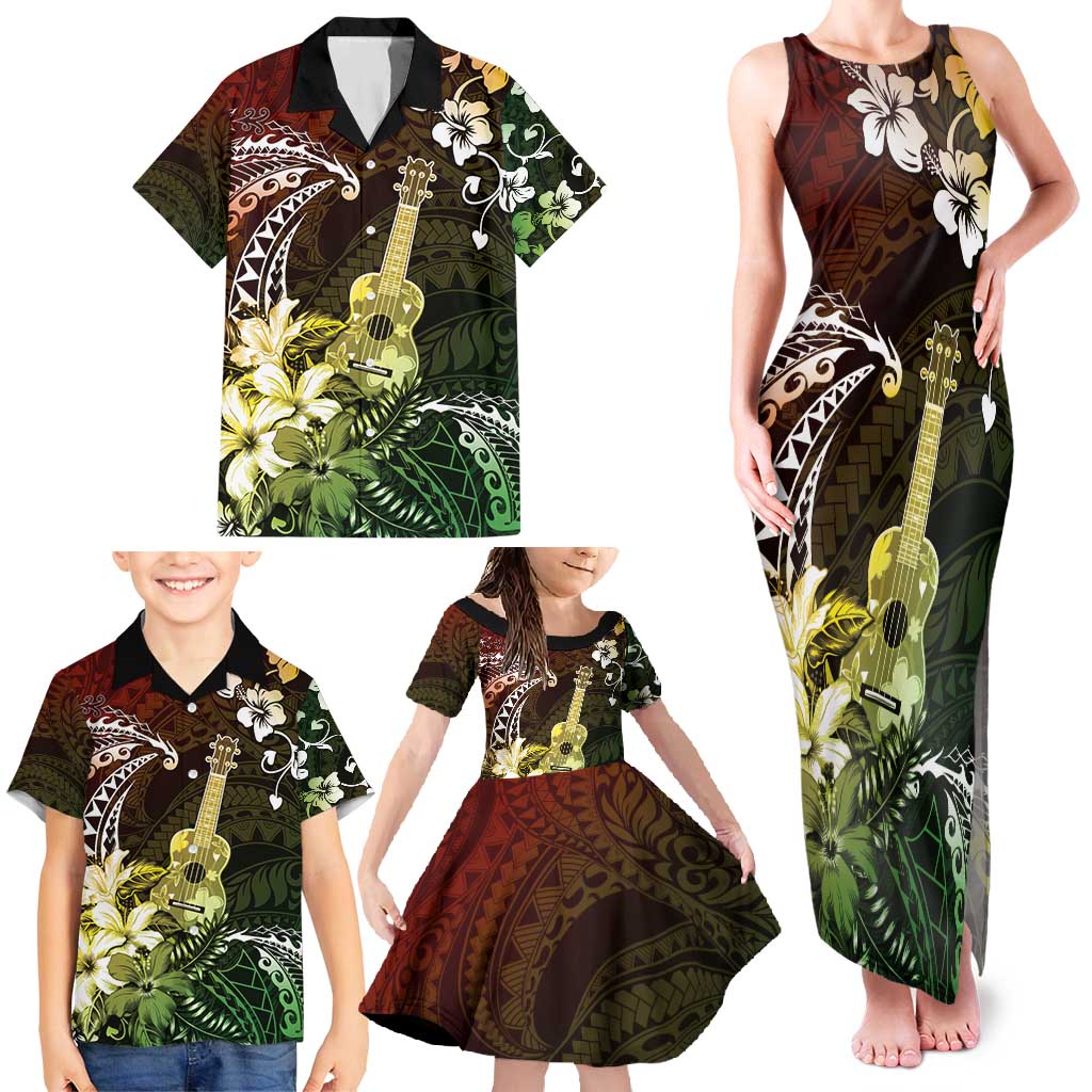 Hawaii Ukulele Family Matching Tank Maxi Dress and Hawaiian Shirt Polynesian Pattern Mix Hibiscus Reggae Version LT05