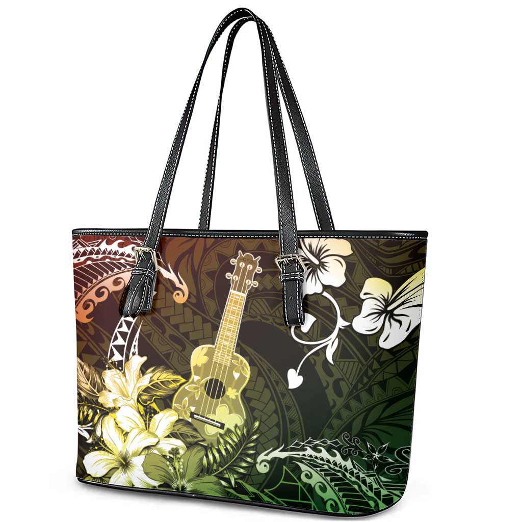 Hawaii Ukulele Leather Tote Bag Polynesian Pattern Mix Hibiscus Reggae Version