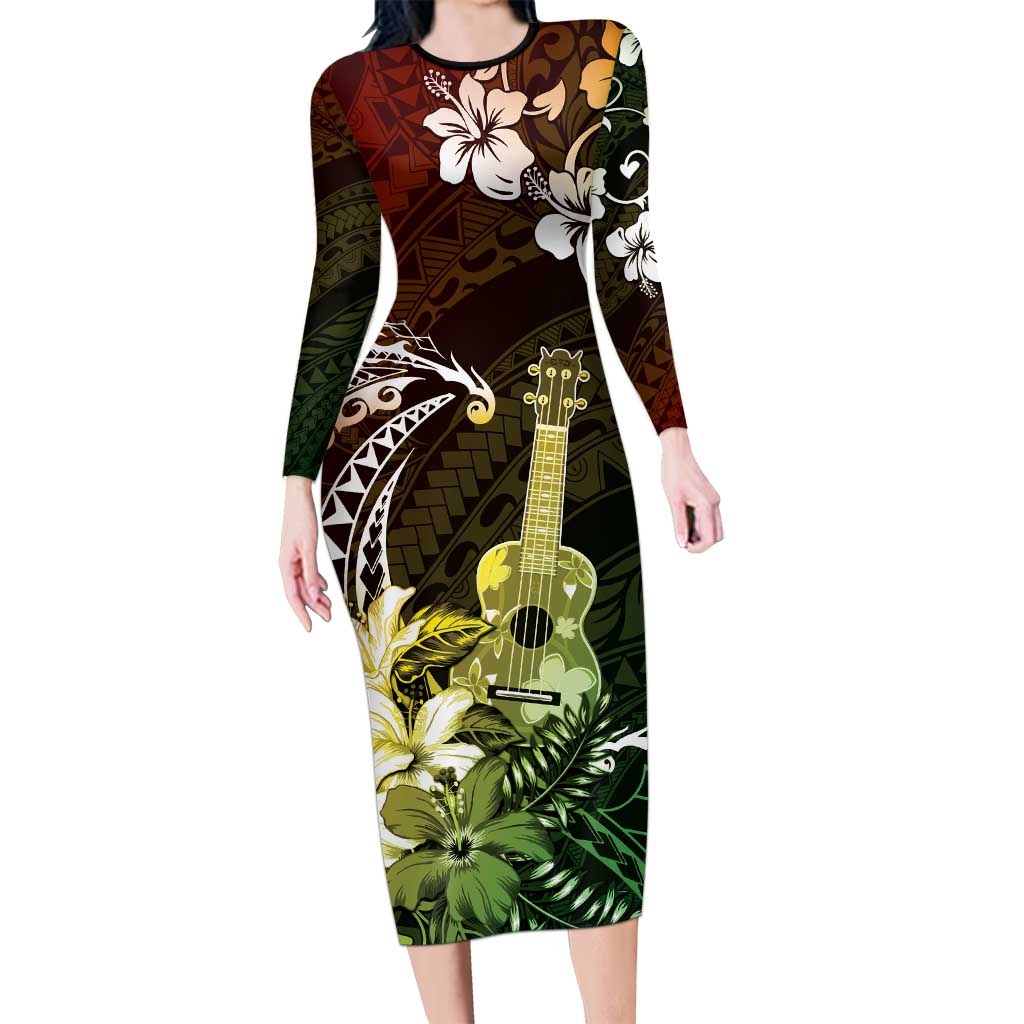 Hawaii Ukulele Long Sleeve Bodycon Dress Polynesian Pattern Mix Hibiscus Reggae Version LT05