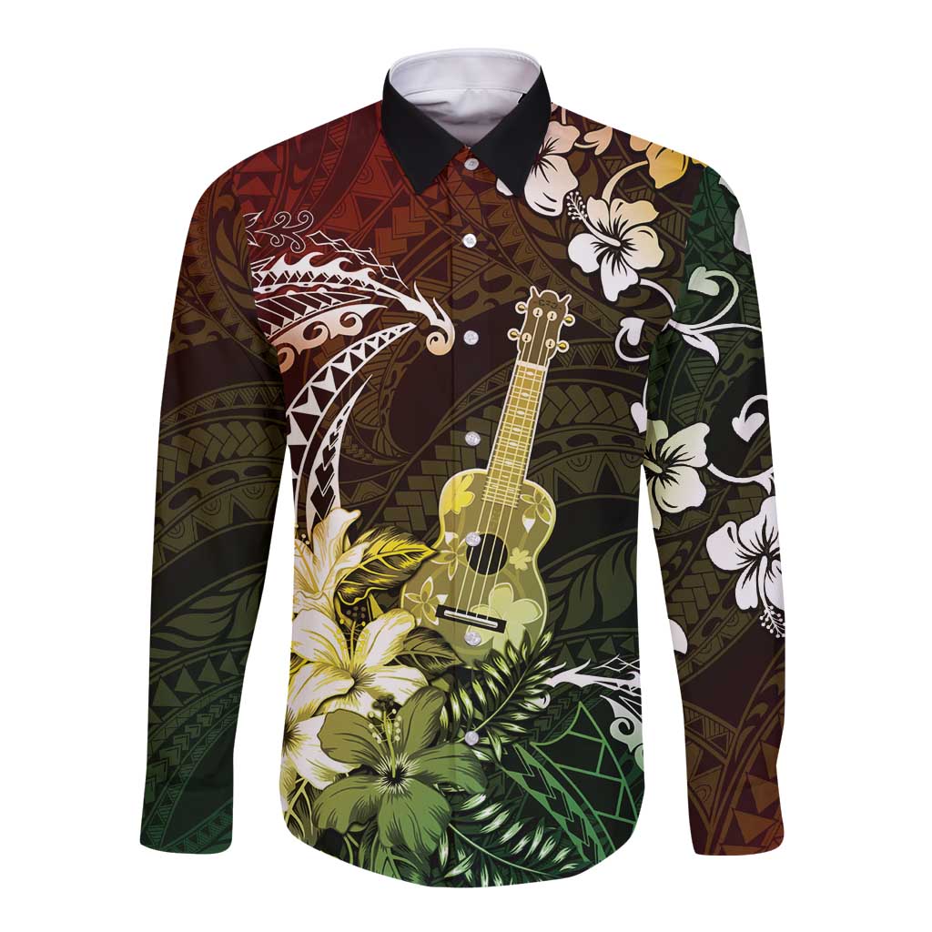 Hawaii Ukulele Long Sleeve Button Shirt Polynesian Pattern Mix Hibiscus Reggae Version LT05