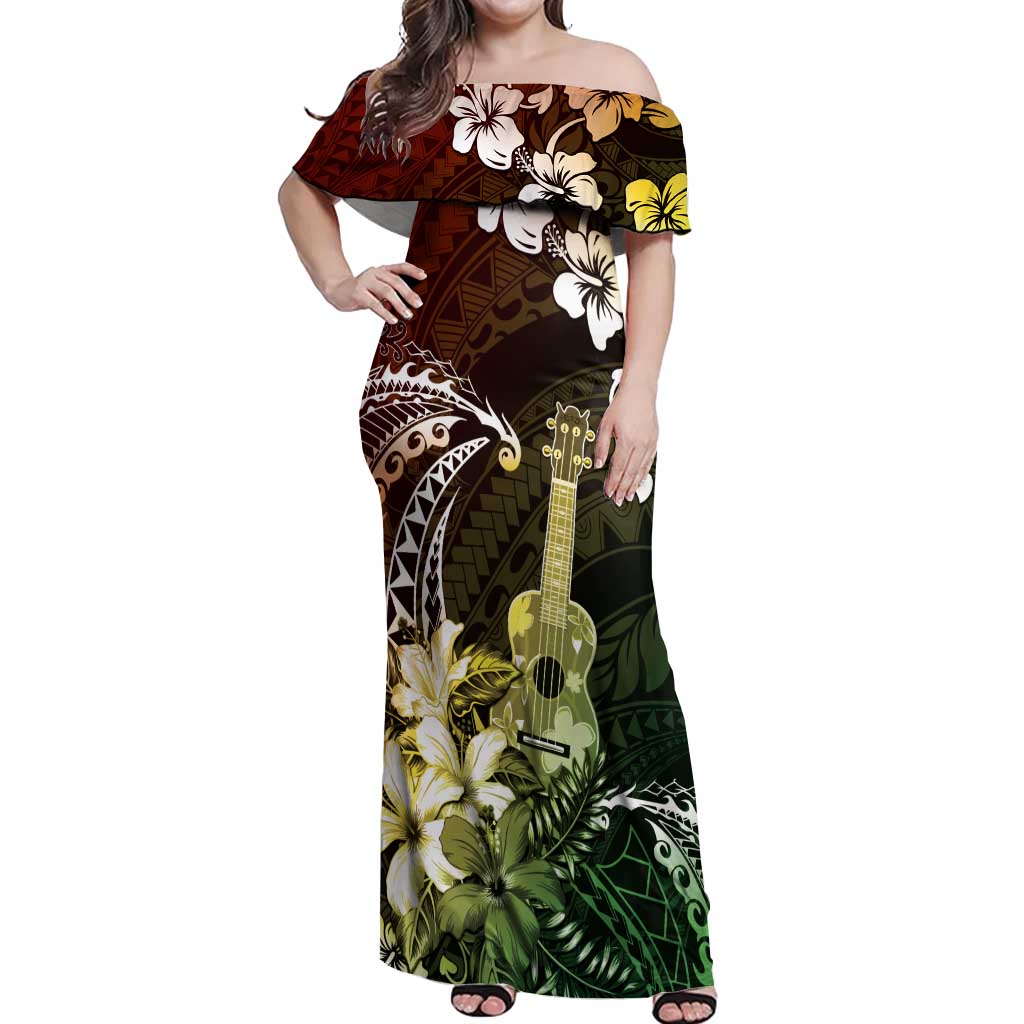 Hawaii Ukulele Off Shoulder Maxi Dress Polynesian Pattern Mix Hibiscus Reggae Version LT05