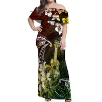 Hawaii Ukulele Off Shoulder Maxi Dress Polynesian Pattern Mix Hibiscus Reggae Version LT05