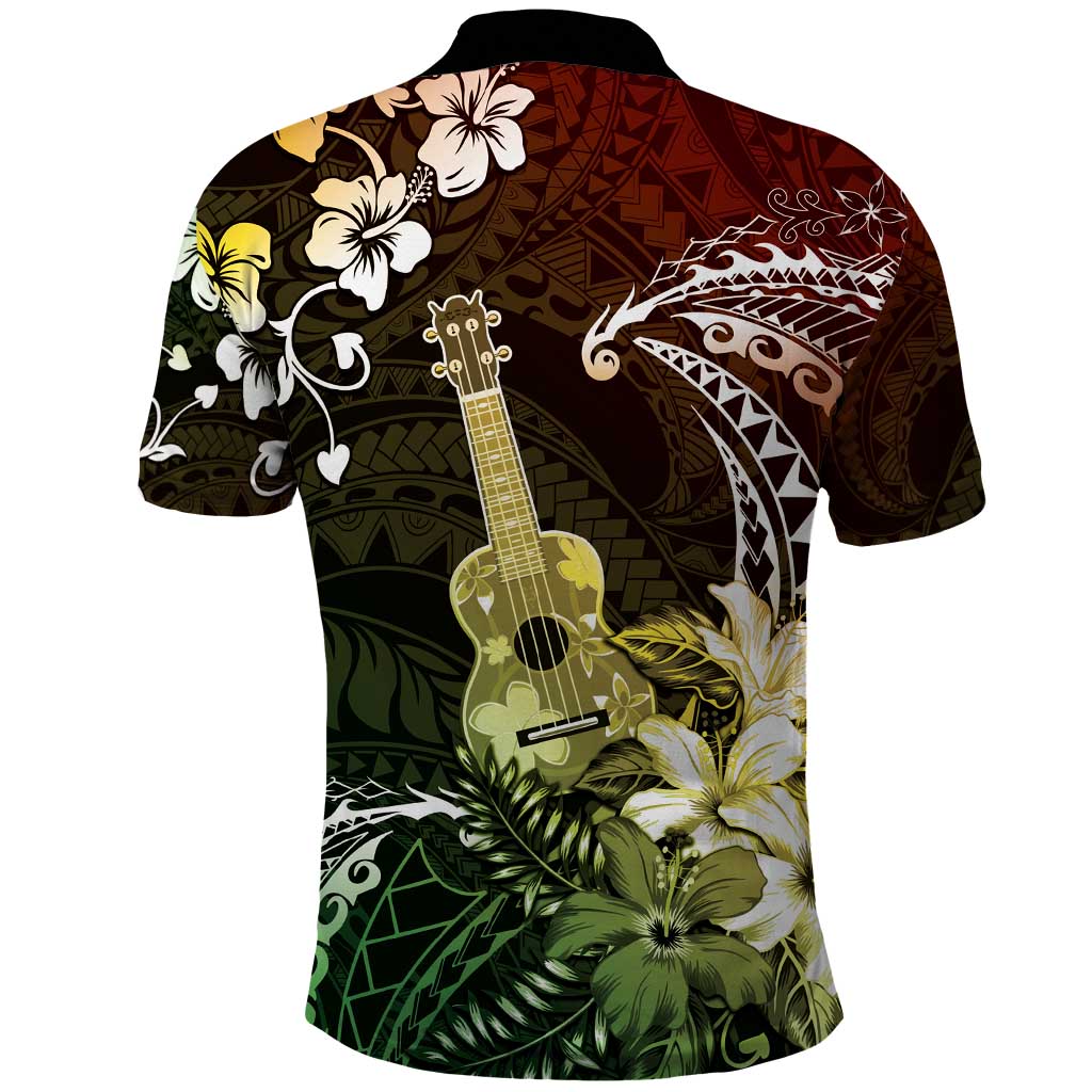 Hawaii Ukulele Polo Shirt Polynesian Pattern Mix Hibiscus Reggae Version LT05
