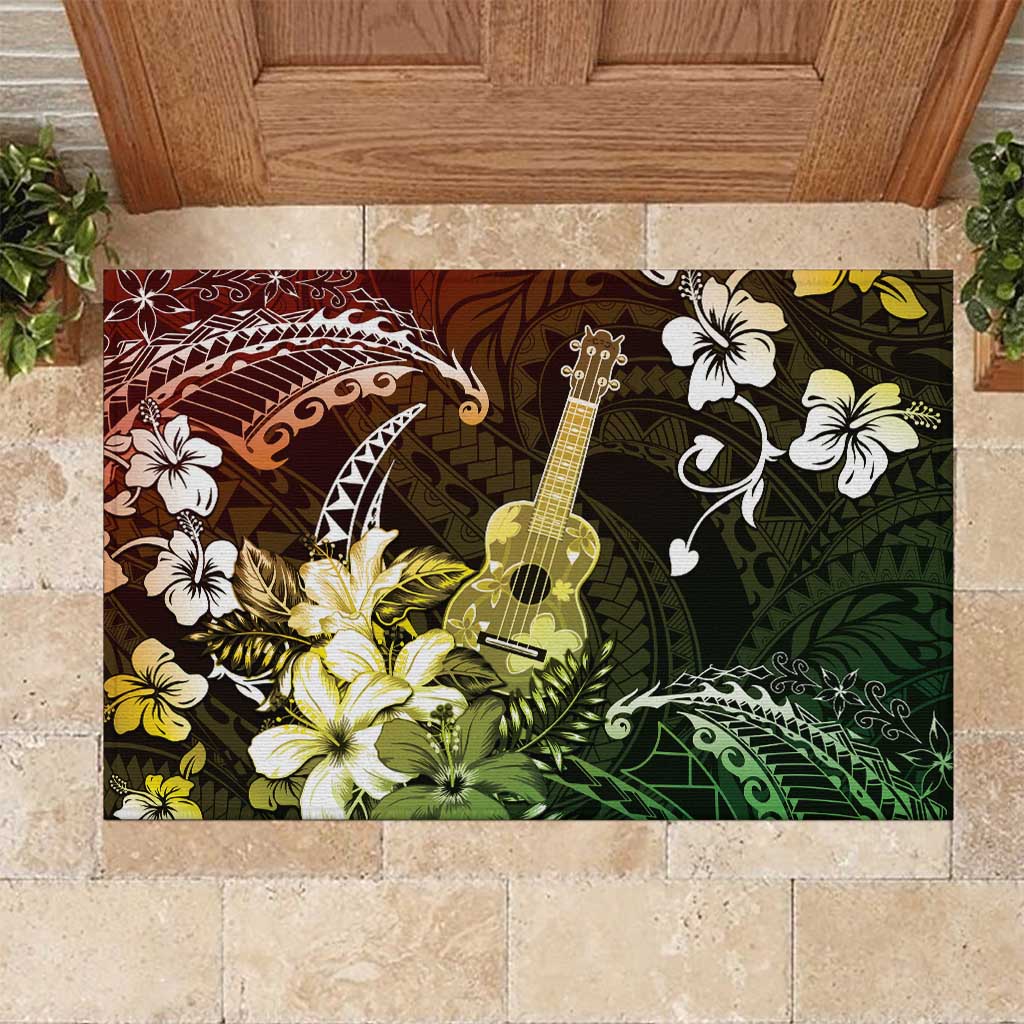 Hawaii Ukulele Rubber Doormat Polynesian Pattern Mix Hibiscus Reggae Version