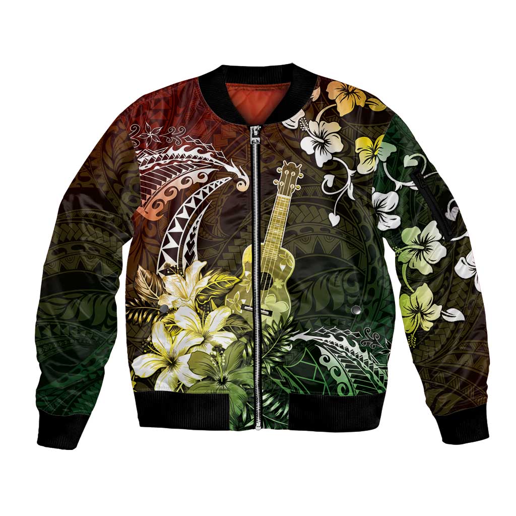 Hawaii Ukulele Sleeve Zip Bomber Jacket Polynesian Pattern Mix Hibiscus Reggae Version LT05