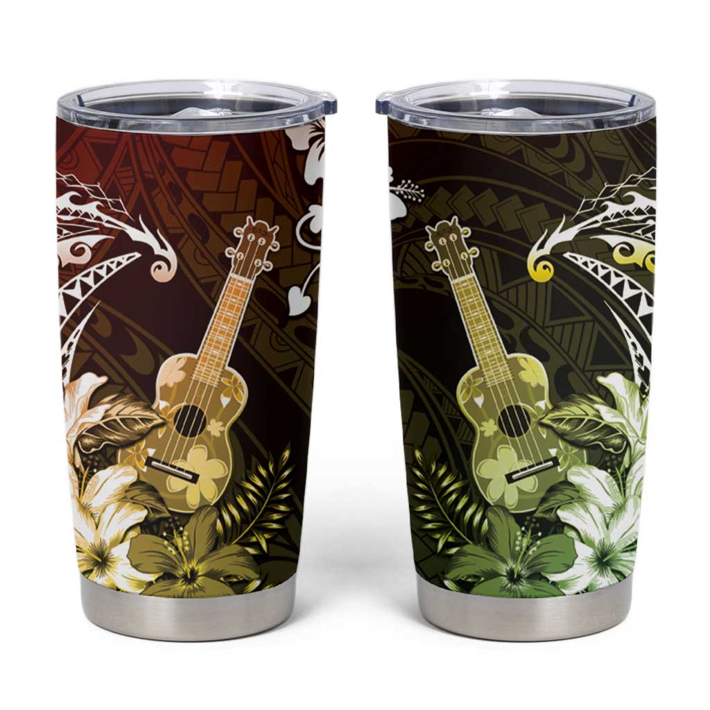 Hawaii Ukulele Tumbler Cup Polynesian Pattern Mix Hibiscus Reggae Version