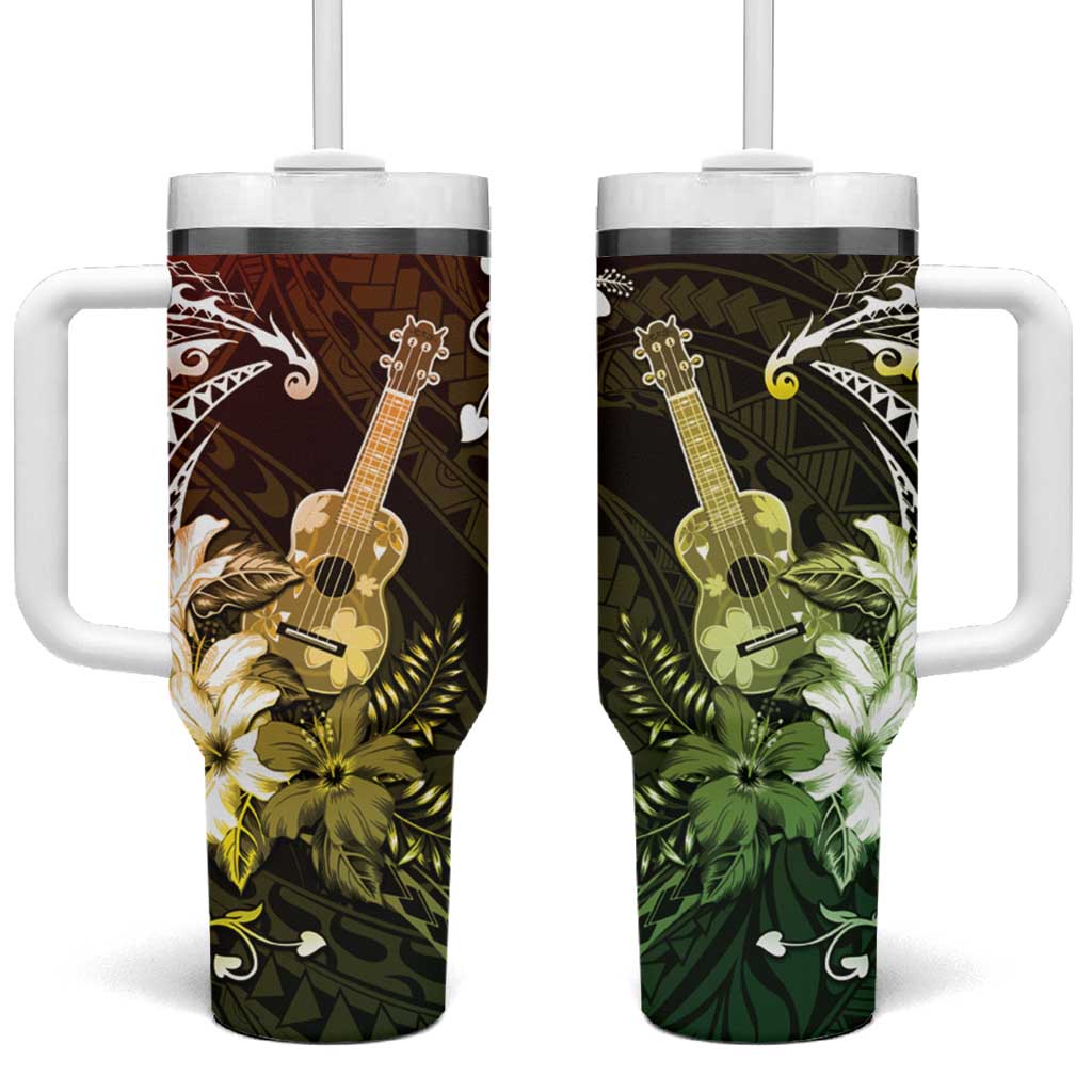 Hawaii Ukulele Tumbler With Handle Polynesian Pattern Mix Hibiscus Reggae Version