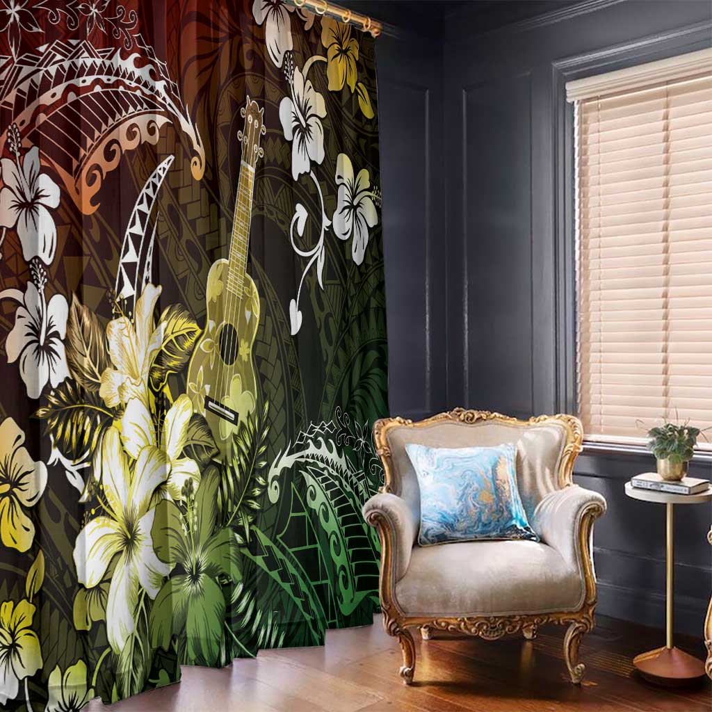 Hawaii Ukulele Window Curtain Polynesian Pattern Mix Hibiscus Reggae Version